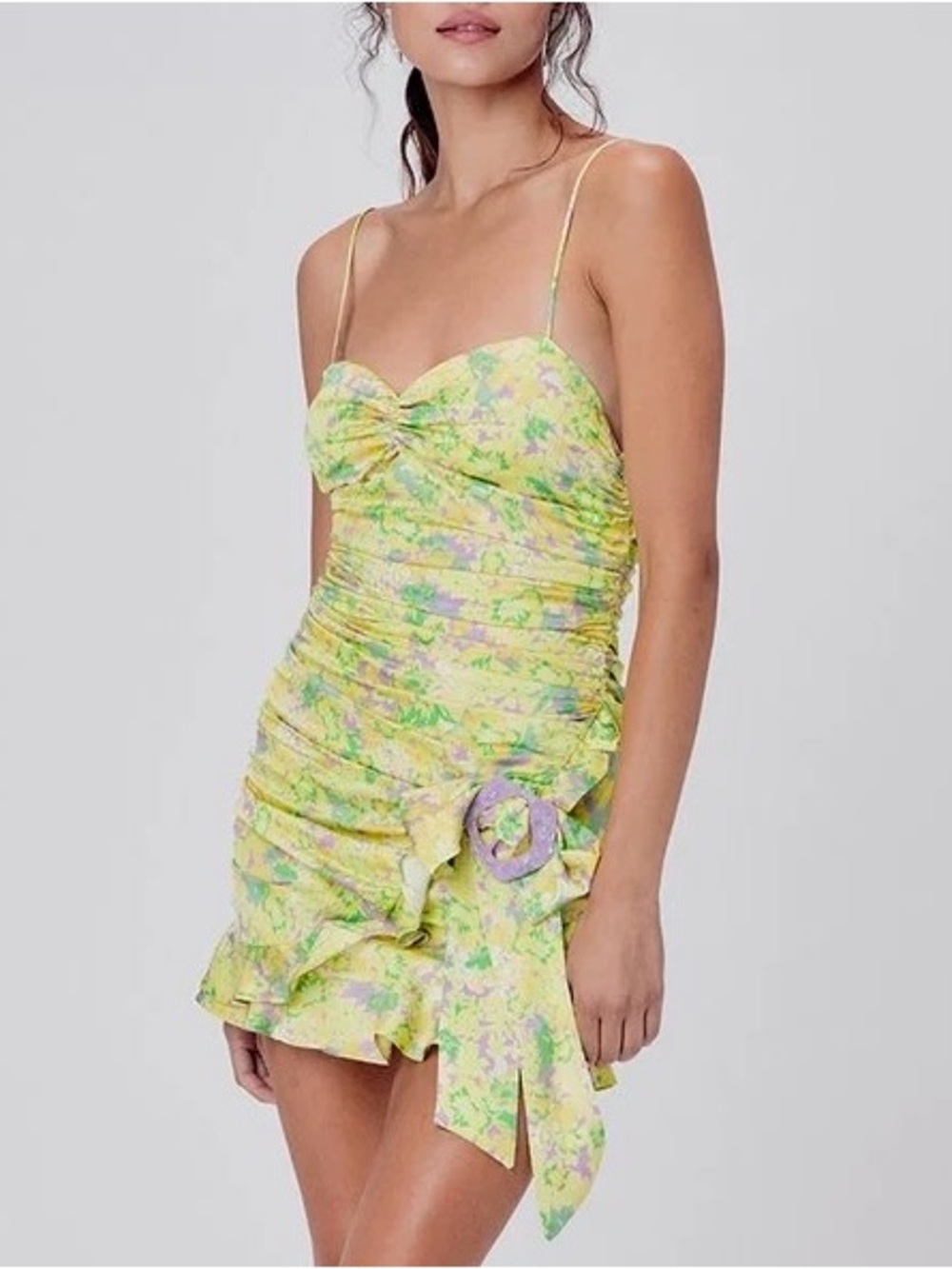 Dubois Floral Ruched Spaghetti-Strap Mini Dress in Freedom Flora - size XS